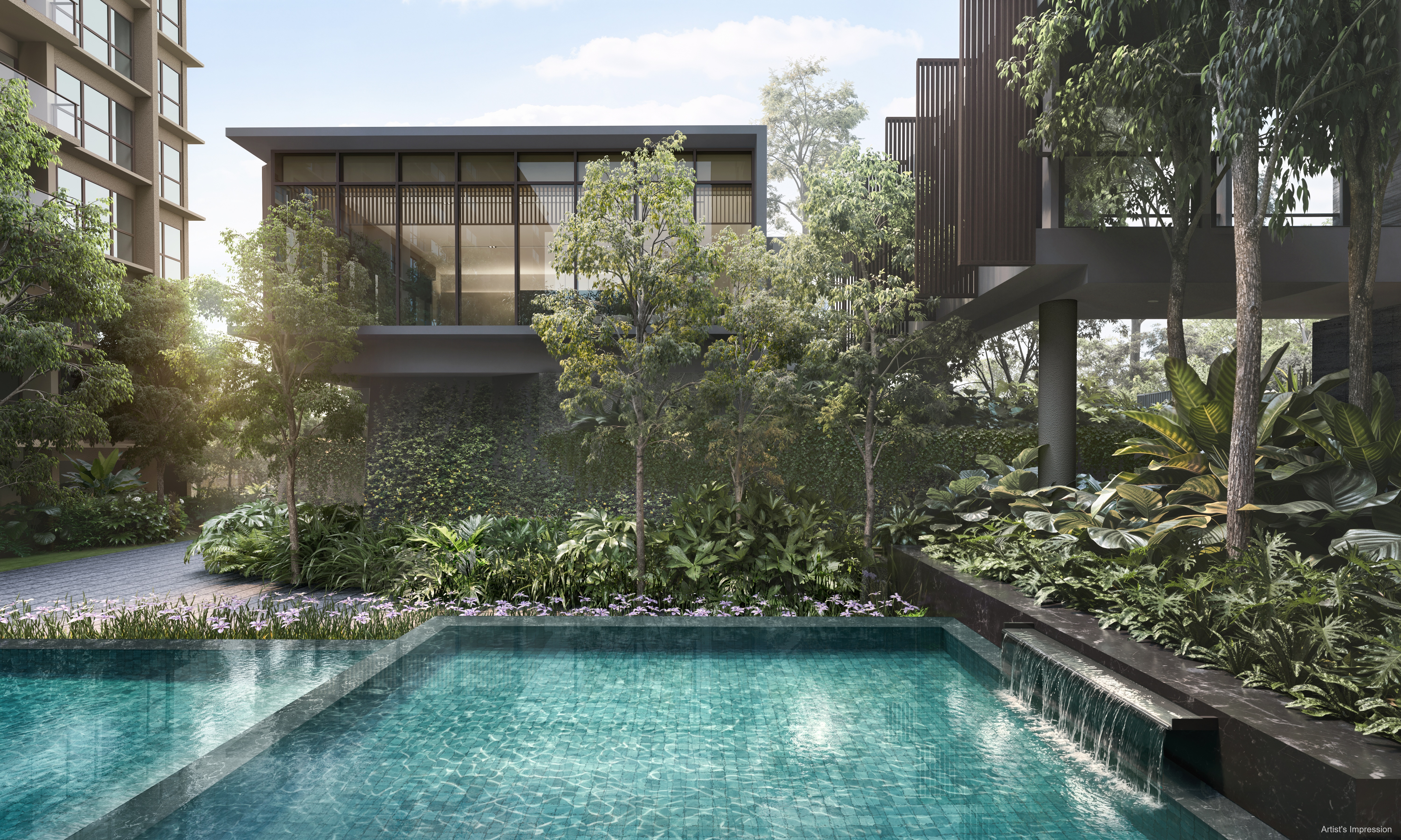 Dunearn House Waterfall Club and pool landscape